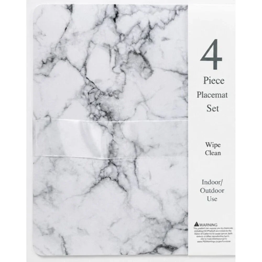 Popular Home Marble Look Placemats Set of 4 White Vinyl Foam Backed 12x18